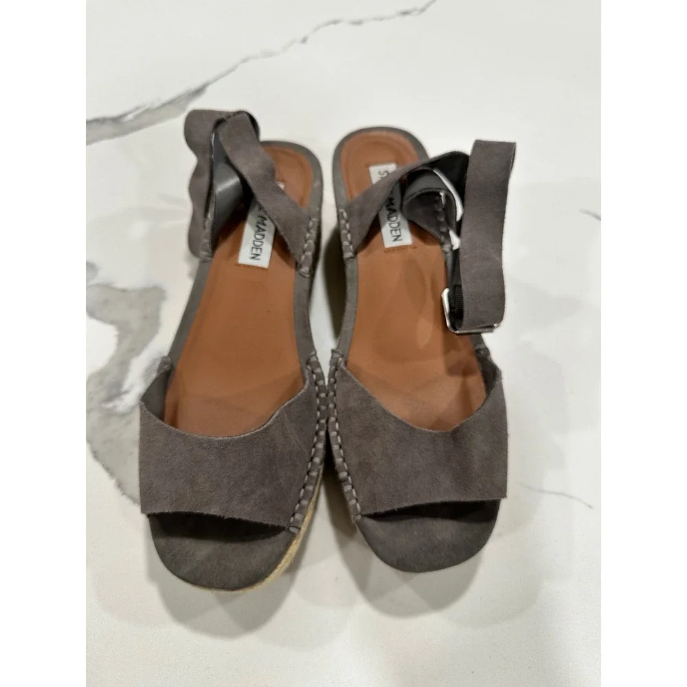 Steve Madden Women Grey Suede Espadrille Wedge Ankle Strap Sandals‎ Size 7